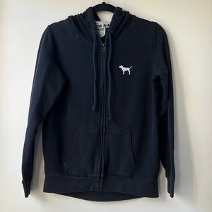 ❤️ PINK Victoria's Secret Black Zip Up Hooded Sweatshirt White Dog Logo Small